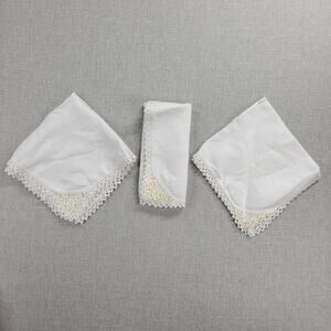 3 pcs Vintage Table Napkins 16" White Plain Linen Lace Trim Hand-Crochet Square